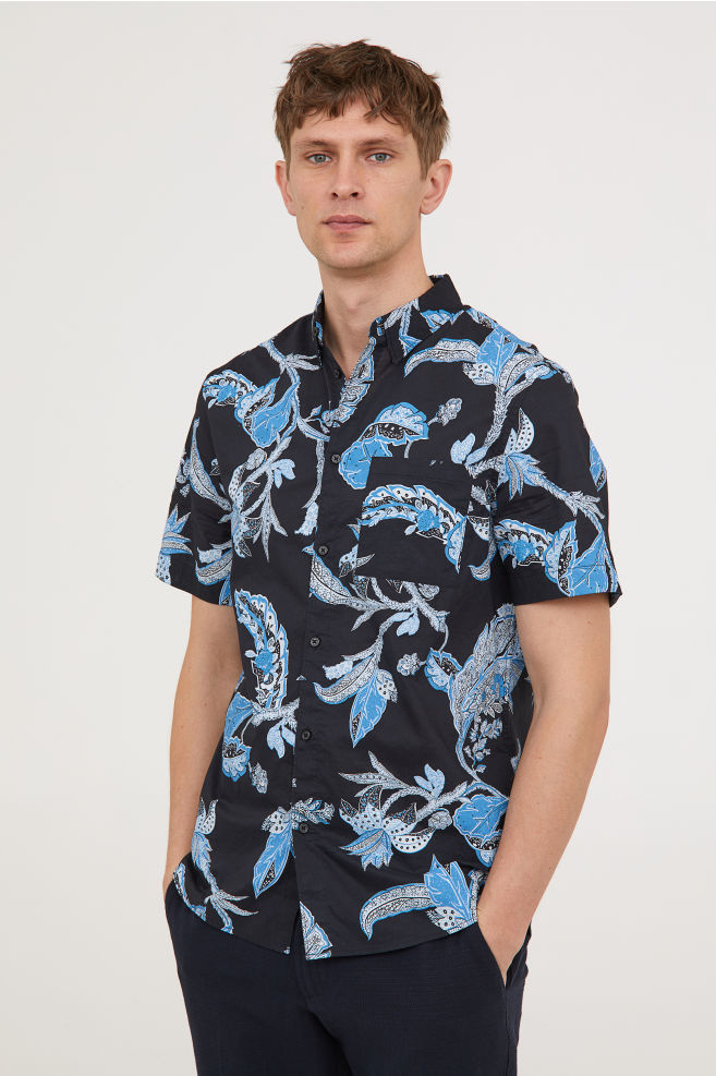 Black Botanical Short-Sleeve Shirt, H&M